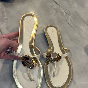Kate Spade Gold Cream Leather Gemstone Thong Sandals, Illumina, size 10, GUC